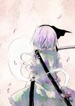  black_ribbon dress from_behind green_dress hair_ribbon hairband hitodama holding holding_sword holding_weapon katana konpaku_youmu konpaku_youmu_(ghost) puffy_short_sleeves puffy_sleeves ribbon sheath sheathed short_hair short_sleeves silver_hair solo sword tadano_kagekichi touhou unsheathed weapon 