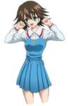  arms_up blue_dress brown_hair collared_shirt cropped_legs dress green_eyes harukaze_soyogu isurugi_noe long_sleeves looking_at_viewer school_uniform shirt simple_background solo true_tears white_background white_shirt 