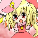  :d ? artist_request benesse cosplay curious flandre_scarlet hat hatena_yousei hatena_yousei_(cosplay) looking_at_viewer oekaki open_mouth pink_hat smile solo touhou wings 