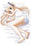  absurdres ahoge bare_shoulders barefoot bed blonde_hair blush breasts clover_heart's feet highres long_hair lying mikoshiba_rio nimura_yuuji on_side pajamas panties ribbon small_breasts smile solo twintails underwear white_panties 