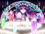  book bow crescent danmaku hat hexagram hyuuga_azuri long_hair looking_at_viewer magic_circle open_mouth outstretched_hand patchouli_knowledge purple_eyes purple_hair solo touhou 