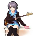  bad_id bad_pixiv_id bass_guitar blue_sailor_collar cardigan glasses headphones highres instrument kita_high_school_uniform nagato_yuki panties pantyshot sailor_collar sano_toshihide school_uniform serafuku short_hair silver_hair solo suzumiya_haruhi_no_yuuutsu thighhighs tissue tissue_box tissue_princess underwear yellow_eyes 