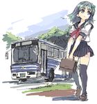  alternate_costume bus ground_vehicle kochiya_sanae motor_vehicle oekaki school_uniform serafuku sketch solo thighhighs touhou xexu zettai_ryouiki 