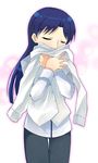  blush closed_eyes dress_shirt hug idolmaster idolmaster_(classic) idolmaster_1 kisaragi_chihaya long_hair long_sleeves object_hug otoutogimi pants shirt smelling solo standing thigh_gap very_long_hair white_shirt 