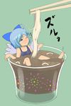  barefoot bow cirno cup feet food in_container in_cup in_food minigirl noodles one-piece_swimsuit school_swimsuit solo swimsuit torque touhou 
