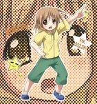  :d arm_up brown_eyes brown_hair capri_pants full_body hiiragi_matsuri jacket lucky_star open_mouth pants pose shoes smile socks solo tekehiro white_legwear zoom_layer 