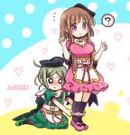  2girls :&lt; ? apron black_hat black_legwear blush breasts brown_hair dated dress green_dress green_eyes green_footwear green_hair hat heart kneehighs large_breasts multiple_girls nishida_satono o_o panties panty_pull pink_dress pink_footwear pink_panties pote_(ptkan) puffy_short_sleeves puffy_sleeves purple_eyes shoes short_hair_with_long_locks short_sleeves sitting smile spoken_question_mark standing sweat teireida_mai touhou underwear 