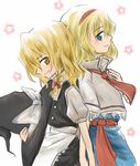  alice_margatroid back-to-back blonde_hair blue_eyes bow capelet hair_bow hand_on_own_chest hat hat_removed headwear_removed holding holding_hands holding_hat kirisame_marisa lowres multiple_girls myama necktie profile short_hair smile star touhou yellow_eyes 