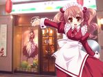  :d apron brown_hair copyright_request dress hair_bobbles hair_ornament juliet_sleeves kouki_kuu long_hair long_sleeves looking_at_viewer maid maid_headdress necktie open_mouth photo_background puffy_sleeves red_dress red_eyes smile solo tray twintails wavy_hair 