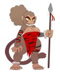  5_fingers 5_toes anthro big_breasts breasts brown_fur cleavage clothed clothing digital_media_(artwork) eyeshadow face_paint female fingers fur hair half-closed_eyes hi_res holding_object jewelry makeup mammal melee_weapon monkey necklace polearm primate simple_background solo spear sssonic2 standing talma thick_thighs tight_clothing toes voluptuous weapon white_background wide_hips yellow_eyes 