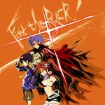  2boys artist_request bare_shoulders belt blue_hair breasts buckle from_side goggles goggles_on_head hair_ornament kamina large_breasts long_hair multiple_boys orange_background pink_legwear red_hair short_shorts shorts sideboob simon simple_background skull_hair_ornament spiked_hair tengen_toppa_gurren_lagann thighhighs upper_body very_long_hair yoko_littner zettai_ryouiki 