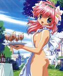  apron ass blue_eyes breasts drink flower galaxy_angel medium_breasts milfeulle_sakuraba naked_apron pink_hair ribbon scan sideboob solo third-party_edit waitress 