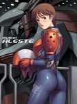  90s armor ass black_bodysuit bodysuit brown_hair circle_garyuu copyright_name ellinor_weisen gloves green_eyes helmet highres mecha military military_uniform musha_aleste oldschool pilot_suit red_gloves short_hair solo spacesuit uniform 