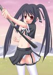  black_hair garters golf_club kooh lingerie long_hair midriff pangya panties pantyshot red_eyes skirt skirt_lift solo striped striped_panties thighhighs towamin twintails underwear wind wind_lift 