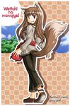  animal_ears anklet apple food fruit furafura holo jewelry long_hair no_socks pouch romaji solo spice_and_wolf tail wolf_ears 