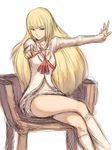  blonde_hair crossed_legs foreshortening fumio_(rsqkr) lili_(tekken) long_hair outstretched_arm pointing pointing_at_viewer ribbon sitting sketch solo tekken thighs 