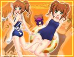  apron barefoot chopsticks competition_school_swimsuit feet idolmaster idolmaster_(classic) idolmaster_1 jpeg_artifacts ladle one-piece_swimsuit school_swimsuit swimsuit takatsuki_yayoi twintails yayoi_creature zanzi 