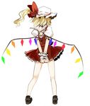  arms_behind_back backless_dress backless_outfit bare_legs crystal demon_wings dress flandre_scarlet frills from_behind full_body hat legs_apart loafers mob_cap own_hands_together puffy_short_sleeves puffy_sleeves red_dress shoes short_sleeves simple_background solo standing takaharu touhou v_arms white_background wings wrist_cuffs 
