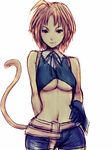  :3 blonde_hair breasts final_fantasy final_fantasy_ix fumio_(rsqkr) genderswap genderswap_(mtf) gloves large_breasts looking_at_viewer midriff monkey naughty_face shorts solo tail underboob zidane_tribal 
