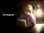  alice_margatroid backlighting blonde_hair blue_eyes book bookshelf capelet character_name chin_rest dark doll floating frills hairband holding hyuuga_azuri lamp open_book reading ribbon shadow shanghai_doll short_hair solo table touhou 