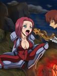  1girl bad_id bad_pixiv_id bodysuit breasts brown_hair campfire cleavage code_geass fish food kallen_stadtfeld kururugi_suzaku large_breasts madhatter_hello red_bodysuit red_hair 