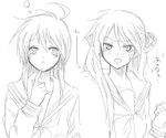  :d ahoge blush collarbone finger_to_mouth greyscale hiiragi_kagami izumi_konata kochoko long_sleeves looking_at_viewer lucky_star monochrome multiple_girls open_mouth ryouou_school_uniform sailor_collar school_uniform serafuku simple_background sketch smile upper_body white_background 