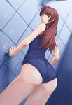  ass brown_hair copyright_request green_eyes kawa_akira long_hair one-piece_swimsuit school_swimsuit solo swimsuit 