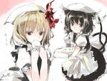  :t alternate_costume animal_ears black_eyes black_hair blonde_hair carrying cat_ears chen earrings eating enmaided food hair_ribbon jewelry maid multiple_girls oekaki red_eyes ribbon rumia short_hair shunsei_(muratou) touhou 