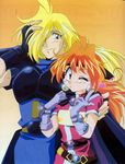  1girl 90s araizumi_rui armor gourry_gabriev heart height_difference highres lina_inverse non-web_source one_eye_closed orange_background slayers v 