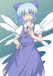  :d blue_background blue_dress blue_eyes blue_hair cirno collar crystal dawy dress fairy fairy_wings ice ice_wings index_finger_raised looking_at_viewer open_mouth red_ribbon ribbon simple_background smile solo touhou wings 