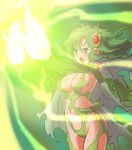  artist_request breasts cleavage detached_sleeves final_fantasy final_fantasy_iv green_eyes green_hair green_leotard large_breasts legs leotard magic rydia sideboob solo tears thighhighs thighs torn_clothes 