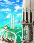  aguy aqua_eyes blonde_hair cloud column copyright_request day dress landscape pillar scenery sky solo tower 