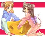  1girl :d animal_ears ass barefoot blue_eyes blush bottomless bow brown_hair cheese clannad feet food hair_bow hood hoodie ibuki_fuuko kneeling long_hair low-tied_long_hair mouse_ears no_panties open_mouth satomi_yoshitaka short_hair sitting smile sunohara_youhei yellow_eyes 