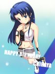  blue_eyes blue_hair blush collarbone cool_&amp;_sexy_(idolmaster) happy_birthday holding idolmaster idolmaster_(classic) idolmaster_1 kisaragi_chihaya kisugi_akira looking_at_viewer midriff navel shoes sneakers solo standing stomach strapless tubetop wrist_cuffs 