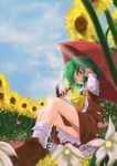  adjusting_hair ascot cloud day flower green_hair kazami_yuuka legs loafers ploki red_eyes shoes short_hair skirt skirt_set sky socks solo sunflower touhou umbrella vest 