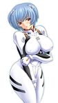  ayanami_rei blue_hair blush bodysuit breasts covered_nipples curvy kawaraya_a-ta large_breasts neon_genesis_evangelion plugsuit red_eyes short_hair solo white_bodysuit 