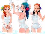  ass ball beachball blue_eyes blue_hair brown_hair copyright_request flat_chest flower green_eyes hair_flower hair_ornament hibiscus igarasy multiple_girls one-piece_swimsuit red_hair school_swimsuit swimsuit white_school_swimsuit white_swimsuit 