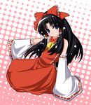  ascot black_hair blush bow chu detached_sleeves dress full_body hair_tubes hakurei_reimu halftone halftone_background head_tilt long_sleeves red_bow red_dress red_eyes ribbon-trimmed_sleeves ribbon_trim short_hair sidelocks simple_background sitting solo touhou yokozuwari 