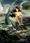  black_hair breasts flower genzoman long_hair mermaid tagme water 