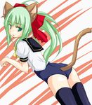  animal_ears cat_ears green_eyes green_hair long_hair no_pants one-piece_swimsuit original paw_pose ponytail school_swimsuit school_uniform serafuku solo swimsuit swimsuit_under_clothes tail thighhighs yumesato_makura 