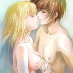  1girl artist_request blonde_hair blush breasts brother_and_sister cagalli_yula_athha closed_eyes gundam gundam_seed happy hetero incest kira_yamato lowres medium_breasts nipples nude short_hair siblings 