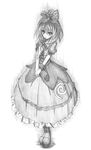  boots bow dress frilled_dress frills front_ponytail full_body graphite_(medium) greyscale hair_bow hands_together kagiyama_hina kurona monochrome short_hair solo standing touhou traditional_media white_background 