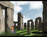  bad_id blue_ribbon bow cloud cloudy_sky day english grass hair_bow horn_ribbon horns ibuki_suika letterboxed long_hair orange_hair outdoors ph. red_bow ribbon rock shadow sitting sky solo stonehenge touhou 