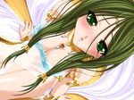  bare_shoulders blush breasts cleavage eyes_visible_through_hair game_cg green_eyes green_hair ijitte_princess jewelry large_breasts lu_(ijitte_princess) motto_ijitte_princess sakashita_fubuki saliva sarong solo translucent_sarong white_sarong wings 
