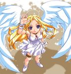  angel angel_wings arms_up blonde_hair blue_eyes bridal_gauntlets choker dress from_above gem halo kamiya_maneki long_hair looking_up original solo standing wings 
