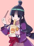  ayasato_mayoi bad_id bad_pixiv_id chopsticks cup_ramen eating food gyakuten_saiban half_updo magatama noodles pink_background ramen solo tensugi_takashi 