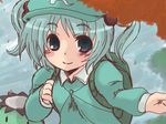  aoi_tobira aqua_hair backpack bag blue_eyes hair_bobbles hair_ornament kappa kawashiro_nitori smile solo touhou two_side_up water 