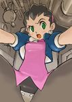  artist_request black_hair crotch_plate green_eyes hair_pulled_back lowres pantyhose raised_eyebrow rockman rockman_dash solo spread_legs tron_bonne 