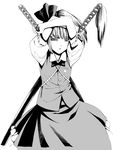  greyscale hair_ribbon ichihara_yuu konpaku_youmu monochrome ribbon sheath sheathed short_hair solo sword touhou weapon 