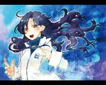  :d black_hair blush curly_hair emblem floating_hair hamamoto_ryuusuke idolmaster idolmaster_(classic) idolmaster_1 kisaragi_chihaya long_sleeves looking_at_viewer open_mouth smile solo turtleneck upper_body wind 